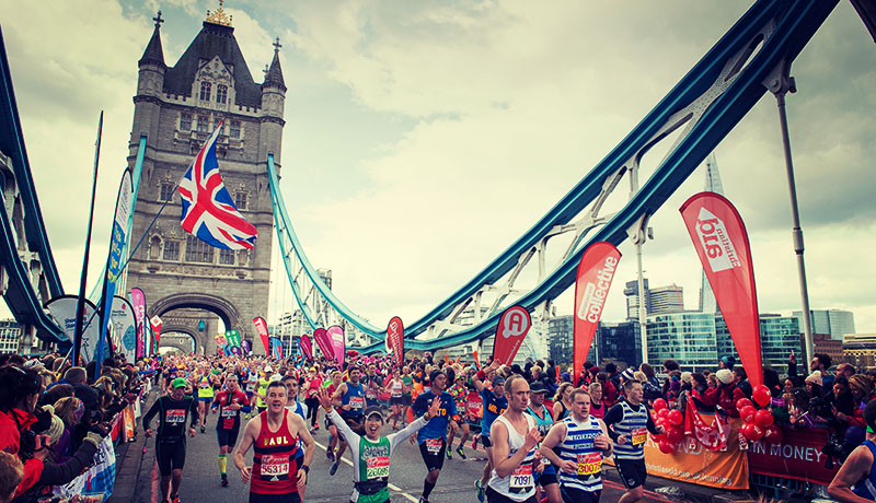 The mass of runners crossing Tower Bridge. The Virgin Money London Marathon, Sunday 24th April 2016. Photo: Thomas Lovelock for Virgin Money London Marathon For more information please contact media@londonmarathonevents.co.uk