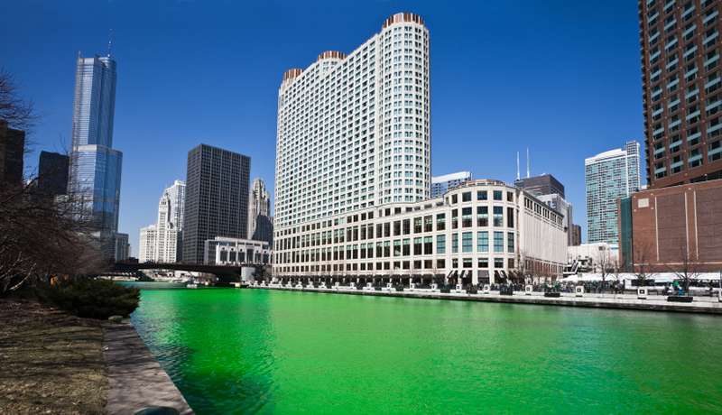 Chicago River dyed Green for Saint Patricks Day celebrations, downtown Chicago
